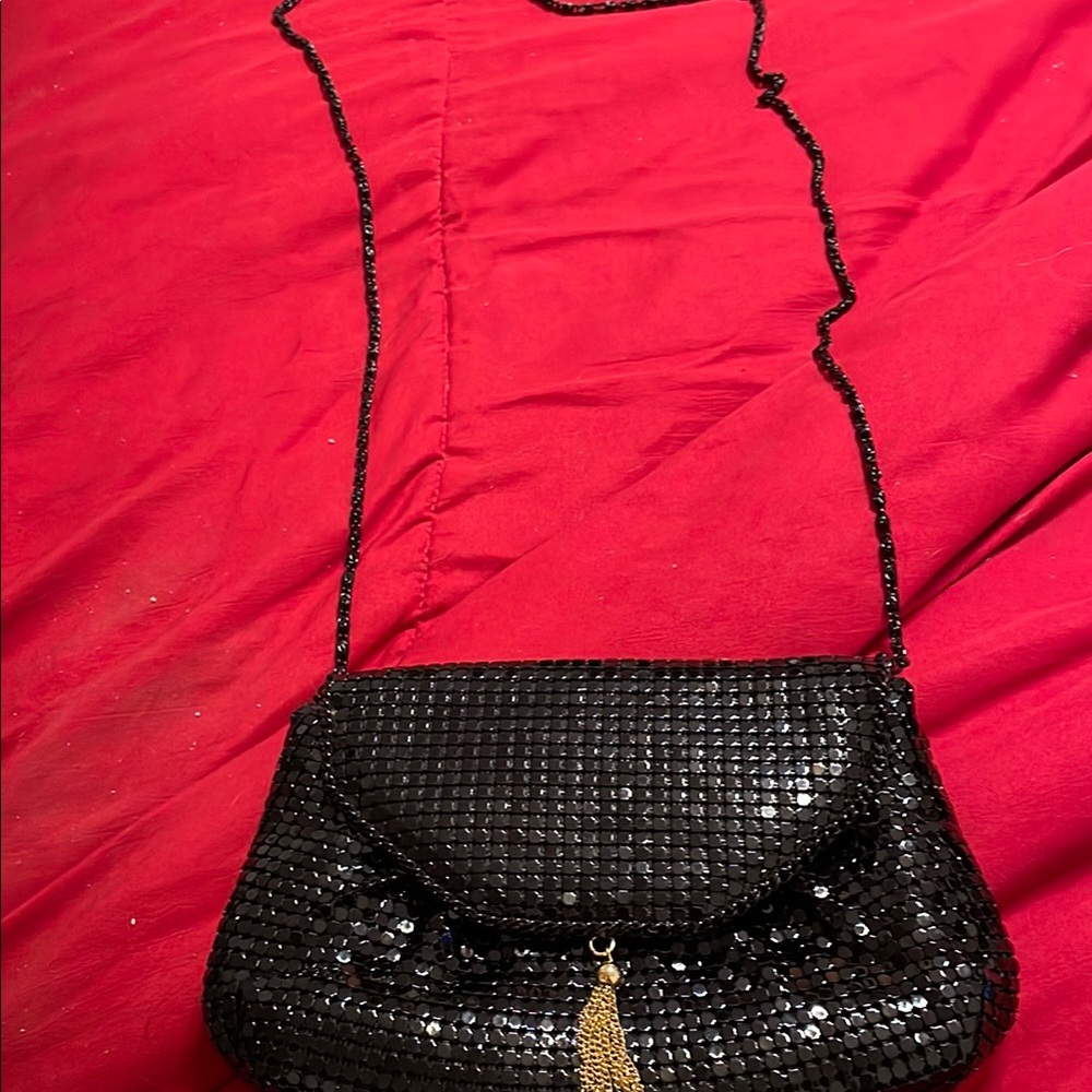 Black Shimmer Crossbody Bag with Gold Tassel